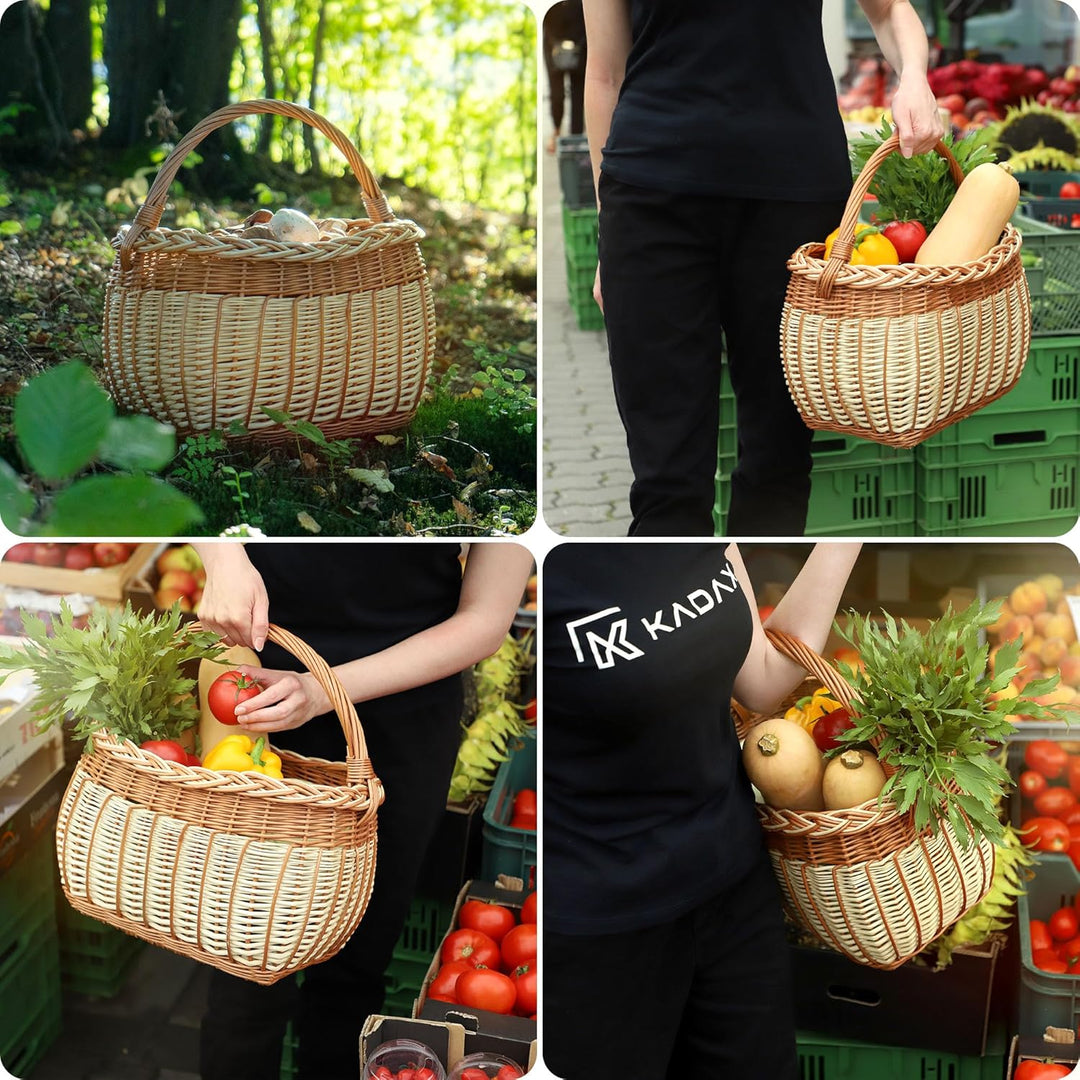 KADAX Weidenkorb für Pilze, Ovaler Korb zum Einkaufen, robuster Picknickkorb mit dem Henkelgriff, Fl