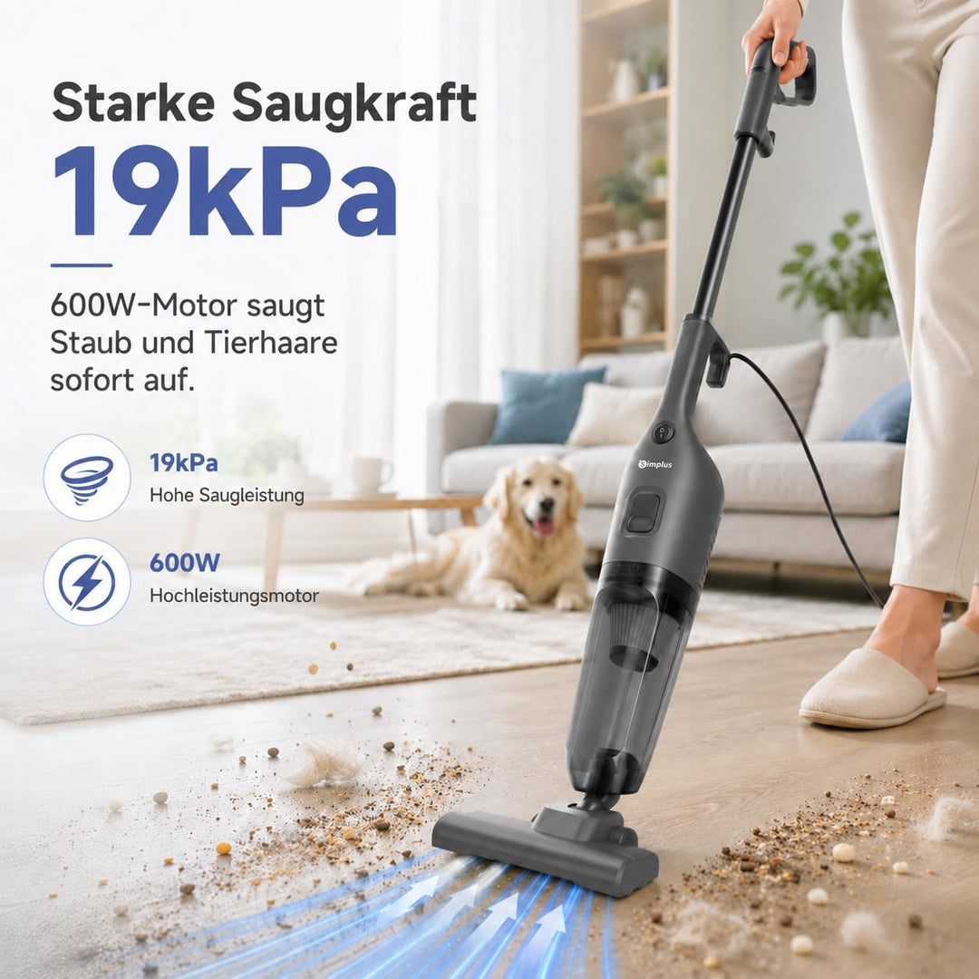 SIMPLUS 2-in-1 Stielstaubsauger mit Kabel, 600 W, 19 kPa Starke Saugleistung, 1,4 kg leicht, 1 l Sta