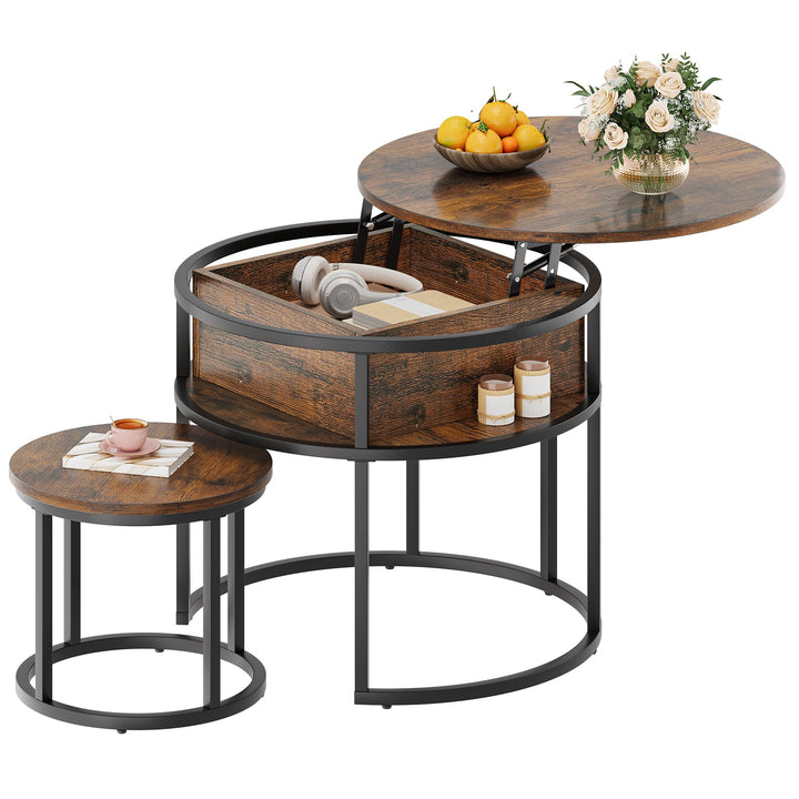 YITAHOME Couchtisch Rund, 2er Set, Wohnzimmertisch Vintage mit Stauraum und Hebeplatte, Couchtisch H