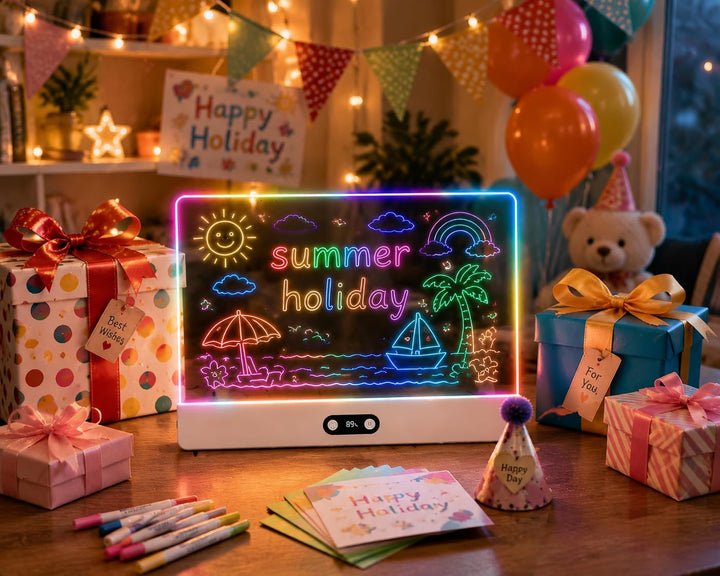 LED Zeichenbrett mit digitaler Akkuanzeige – 35x26cm Acryl Maltafel (Pink) mit 8 Farben & 7 Neon-Sti