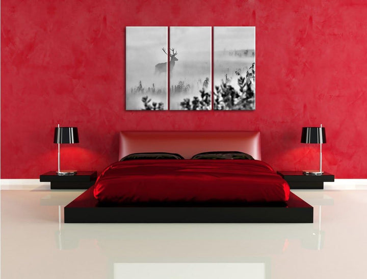 Pixxprint Hirsch im Nebel als Leinwandbild | Grösse: 3 Teilig (120x80) | Wandbild| Kunstdruck | fert