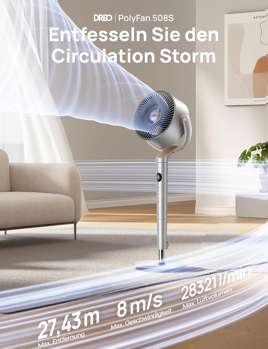 Dreo 23dB leiser Smart Standventilator, 24M Windentfernung 1200m³/h Luftvolume Turbo-Luftzirkulator