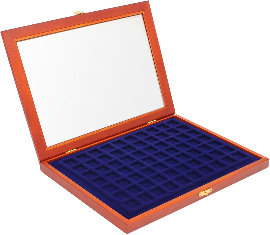 SAFE 5902 Echt Holz Münzkasette für Münzen 25 mm | Münzkassette mit 70 Fächer Königsblaue Samteinlag