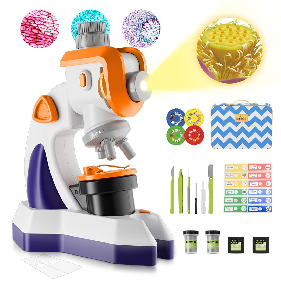 MAXLAPTER Mikroskop für Kinder, 100X-1200X Kinder Mikroskop Kit mit Projektor, Mikroskop Dias Set, L
