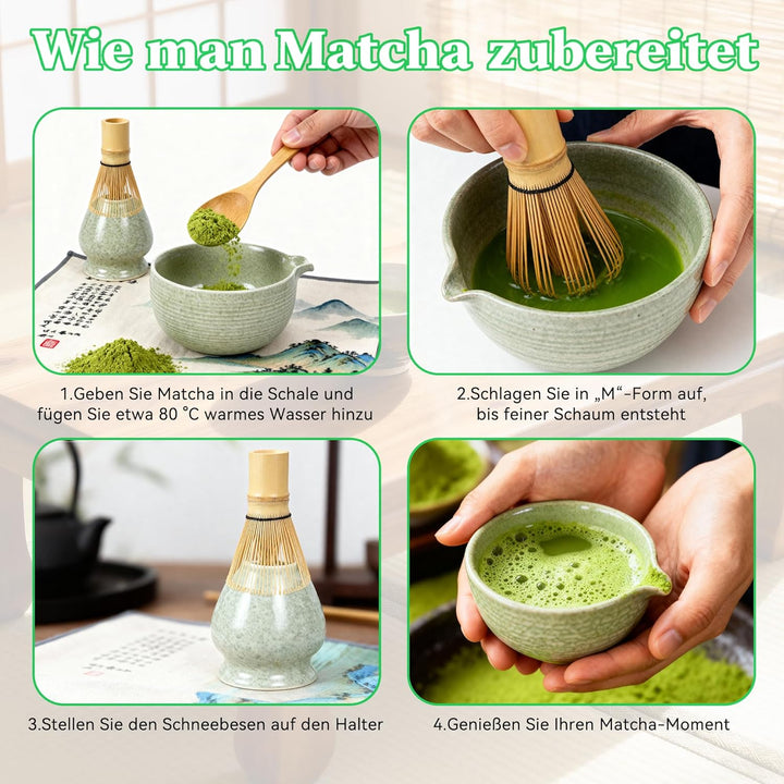 Matcha Tee Set 8-teilig – Japanisches Matcha Set mit glasiertem Chawan, Bambusbesen, Löffel, Teesieb