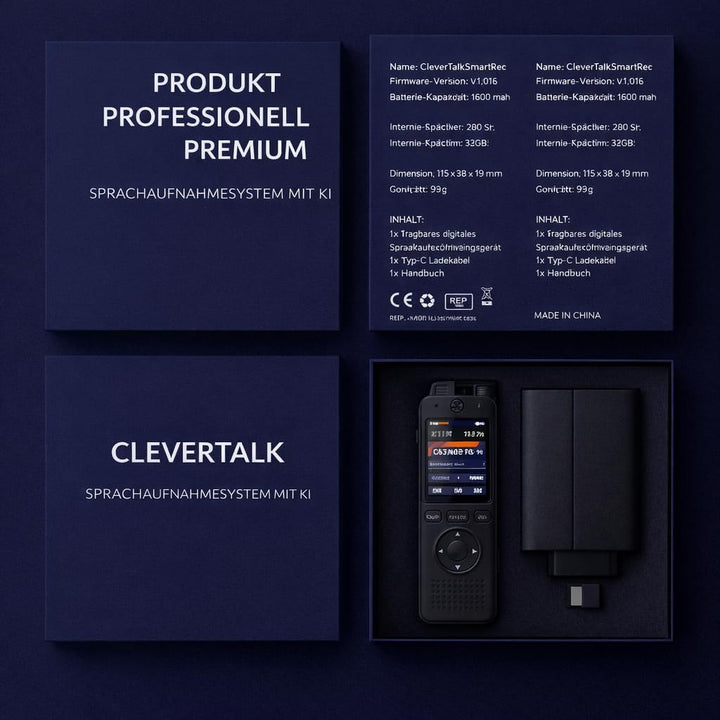 CleverTalk Diktiergerät Professionell 128GB – HD Audio PCM 1536kbps – Sprachaktivierung – Doppelmikr