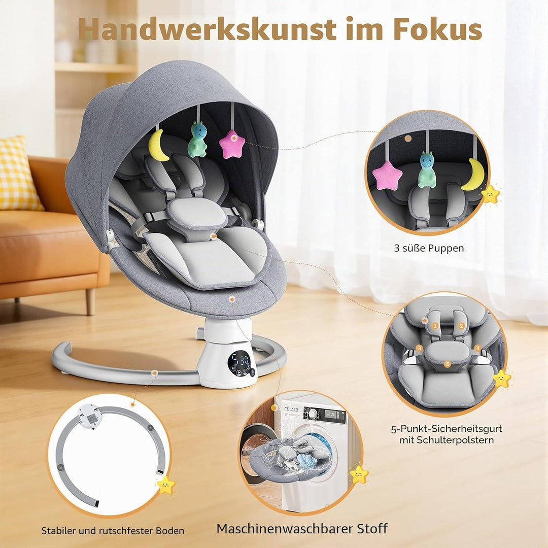 Babywippe Elektrisch mit Fernbedienung und App-Steuerung, 5 Schaukelgeschwindigkeiten, 3 Timer, 11 I