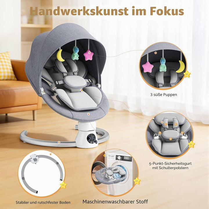 Babywippe Elektrisch mit Fernbedienung und App-Steuerung, 5 Schaukelgeschwindigkeiten, 3 Timer, 11 I
