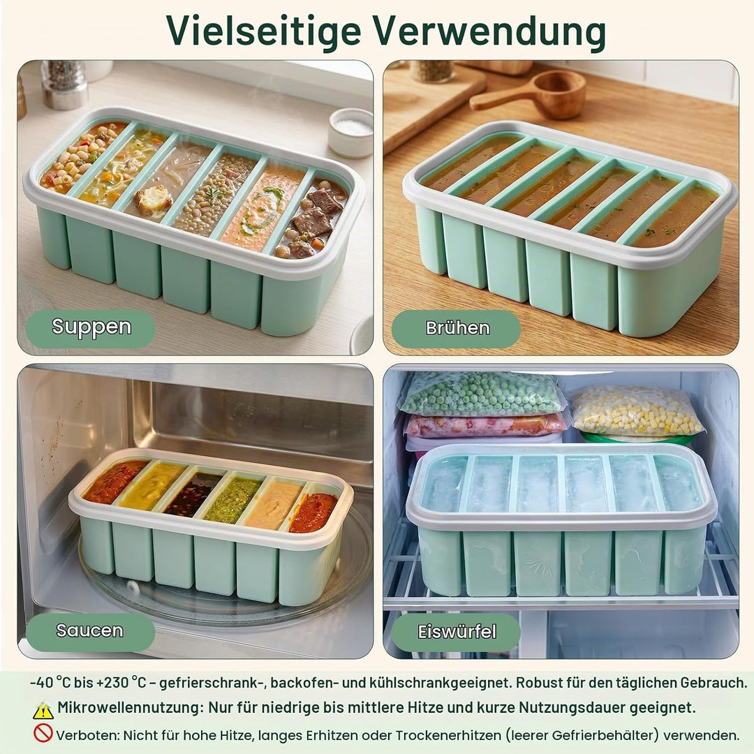 2 Stück Suppen Einfrieren Behälter, 6 Fach Silikon Gefrierform mit Deckel &amp; Clipverschluss, Eiswürfe