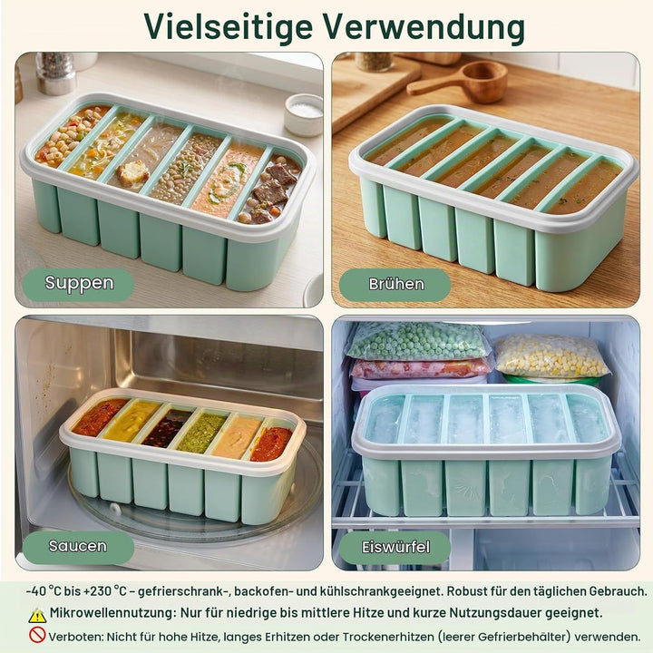 2 Stück Suppen Einfrieren Behälter, 6 Fach Silikon Gefrierform mit Deckel &amp; Clipverschluss, Eiswürfe