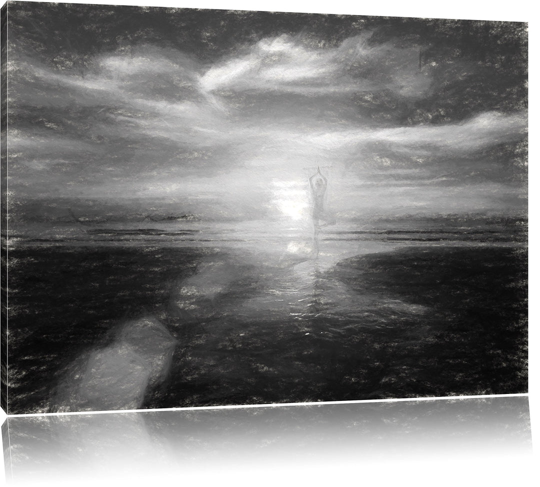 Pixxprint Yoga Silhouette am Strand / 100x70cm Leinwandbild bespannt auf Holzrahmen/Wandbild Kunstdr