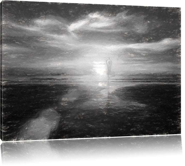 Pixxprint Yoga Silhouette am Strand / 100x70cm Leinwandbild bespannt auf Holzrahmen/Wandbild Kunstdr