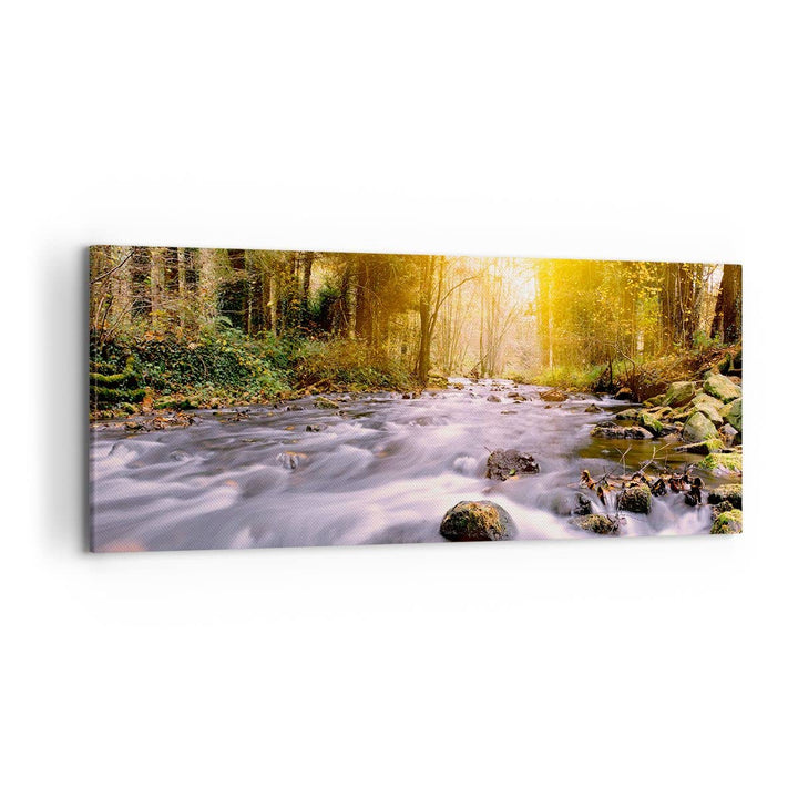 Wandbilder Dekoration Wohnzimmer Herbst Wald Berg Fluss Panorama Bilder auf Leinwand 120x50cm Leinwa