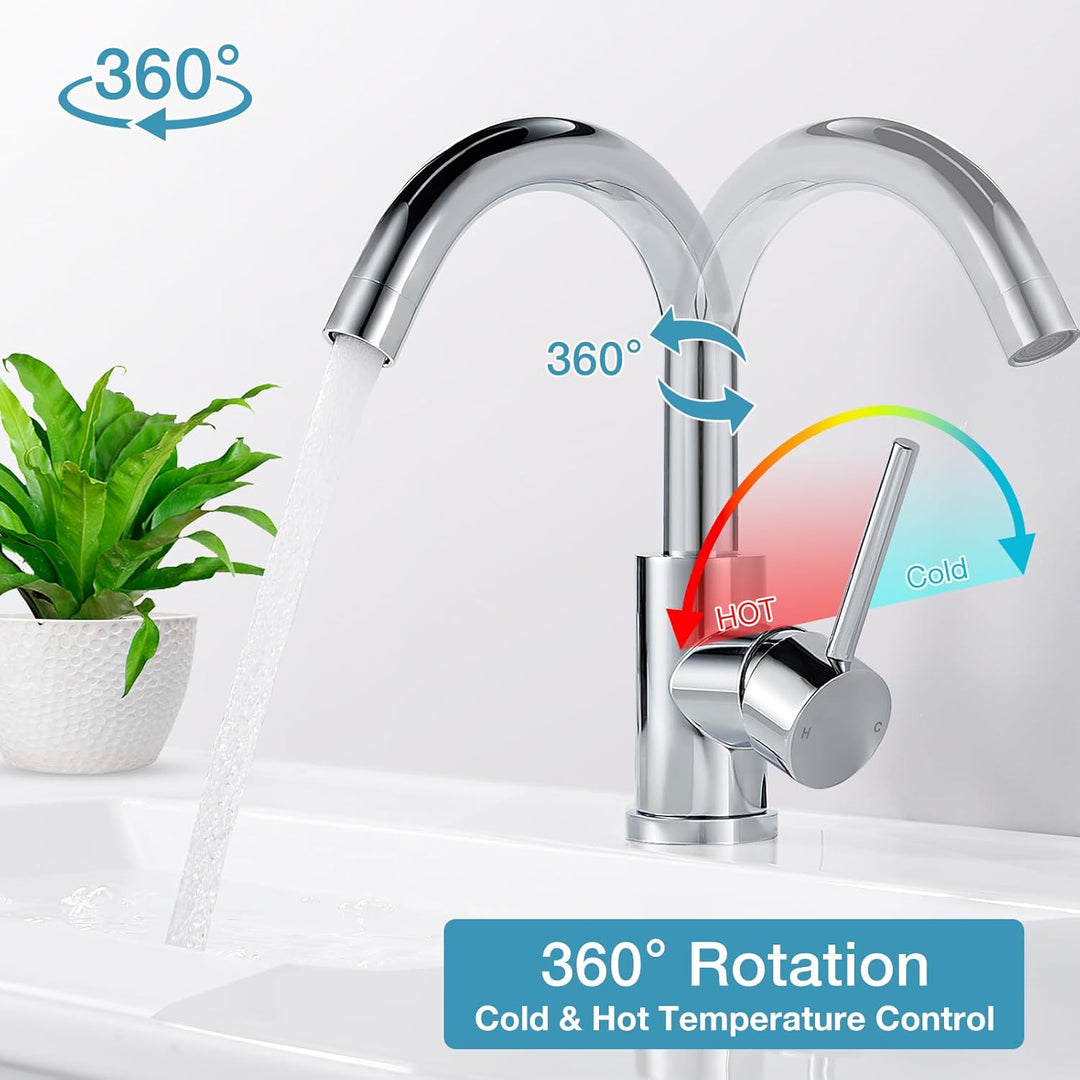 Wasserhahn Bad 360° Drehbar, Edelstahl Waschtischarmatur Armaturen Waschbecken Hoch, Einhebelmischer