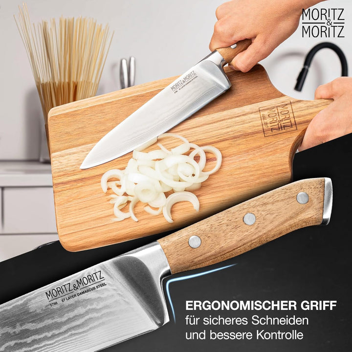 Moritz & Moritz Profi Messerset 3-teilig bestehend aus Kochmesser, Santokumesser und Damastmesser –