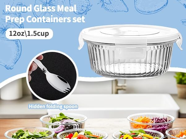 H.JSS WDJS Kleine Glasbehälter mit Feckel und Mit Löffel, Rund Meal Prep Gläser Mit Löffel, BPA-frei