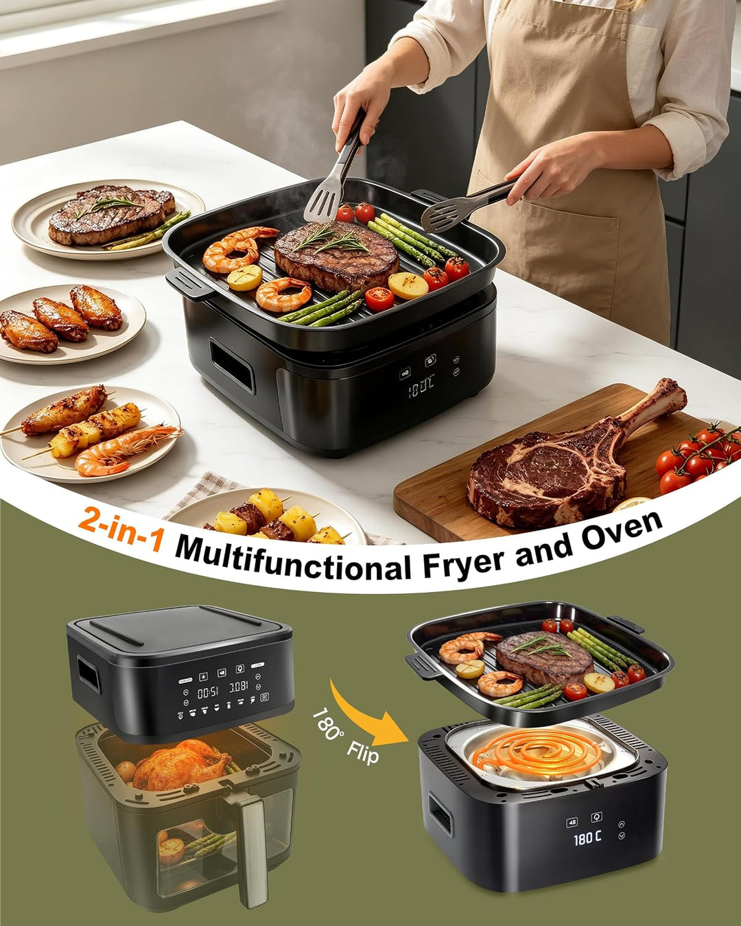 KEINVE Easy Fry & Grill Heissluftfritteuse, 2-in-1 Technologie (Air Fryer und Grill), Digitales Disp