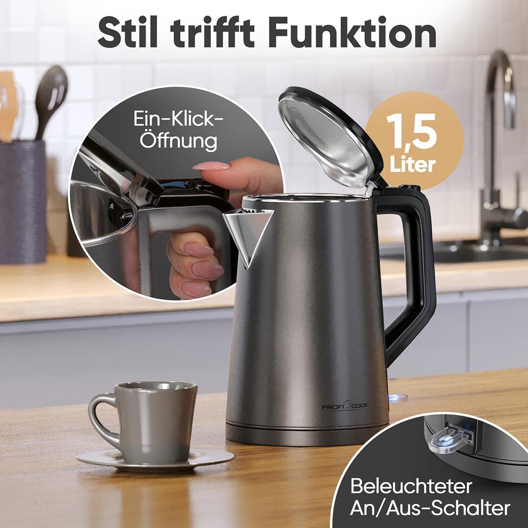 ProfiCook® Wasserkocher 1,5 Liter | 2200W | doppelwandiges Thermogehäuse | Einhandbedienung | Statio