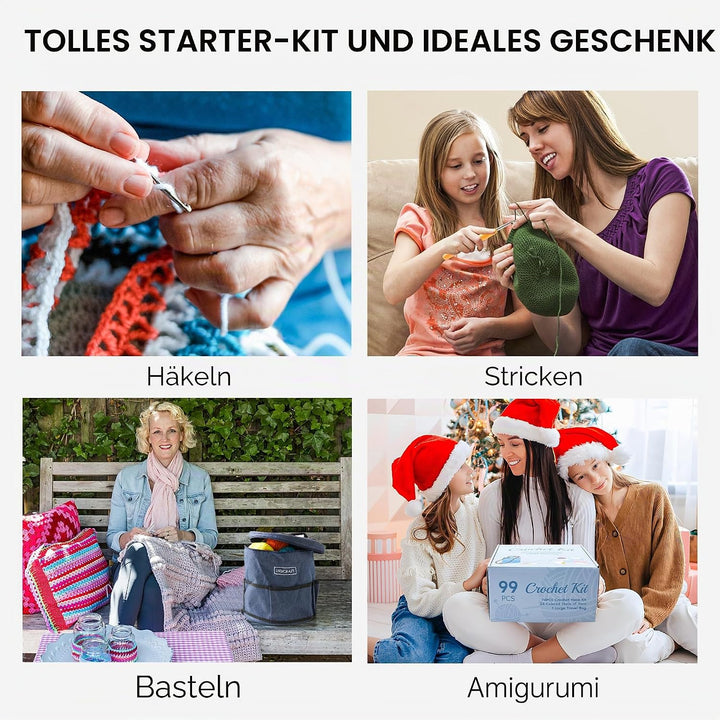INSCRAFT Häkelset für Anfänger, Erwachsene und Kinder, 24 farbige Garnknäuel mit 1 grosser Reisetasc