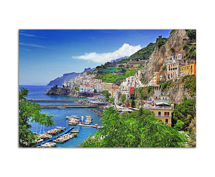 120x80cm - Amalfi Italien Meer Küste Dorf Hafen Boote - Bild auf Keilrahmen modern stilvoll - Bilder