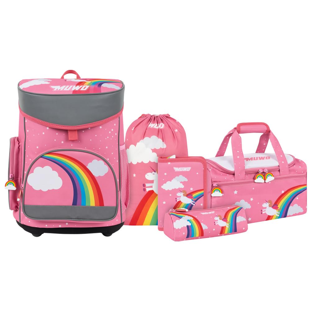 MUWO Kinder Schulranzen Set 5tlg. ergonomischer leichter Schulrucksack mit Sporttasche, Turnbeutel,