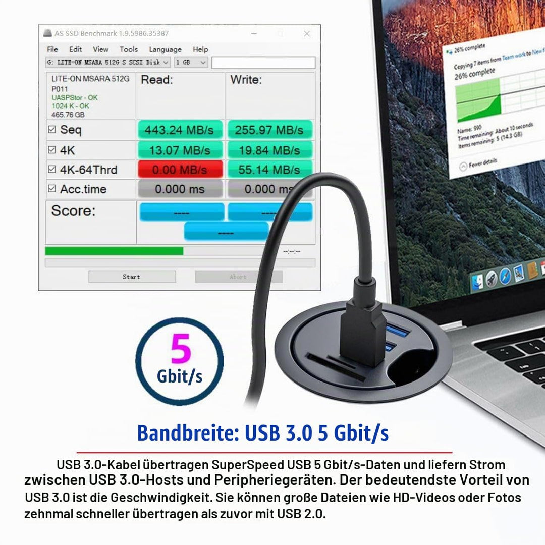 chenyang USB 3.0 Unterputz Desktop Hub,2 USB 3.0 Port/1 USB C Port Hub Tüllenloch 2,36 Zoll (60 mm)