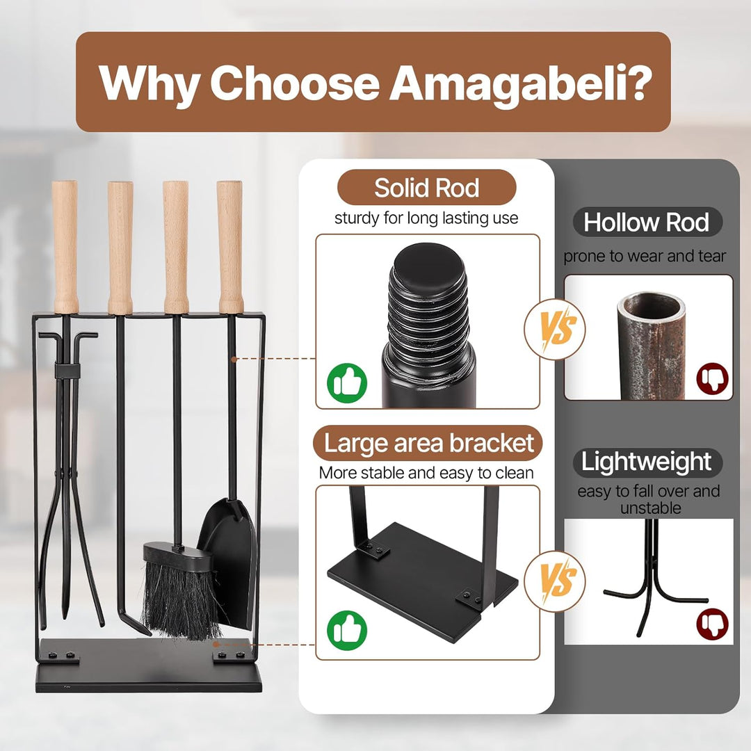 Amagabeli 5 Stück 25.2"(64cm) Kaminwerkzeuge Sets Silber Schmiedeeisen Kaminzubehör Indoor für Holzs