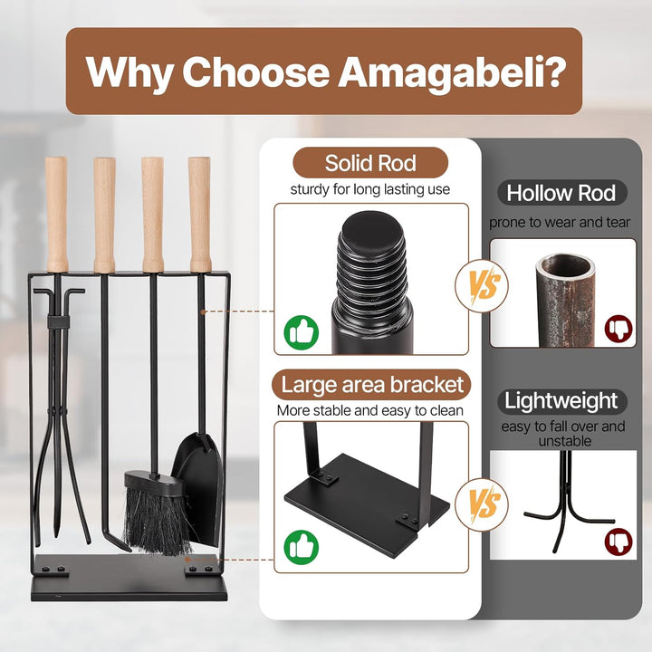 Amagabeli 5 Stück 25.2"(64cm) Kaminwerkzeuge Sets Silber Schmiedeeisen Kaminzubehör Indoor für Holzs
