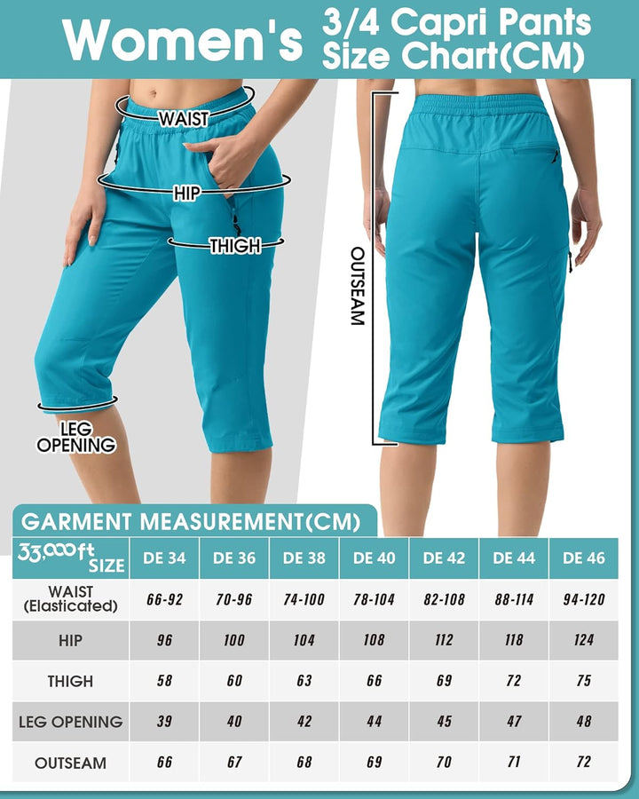 33,000ft Damen 3/4 Hose Capri Wanderhose Stretch Leichte Radhose Taschen Sommer Outdoor Golf Hose 36