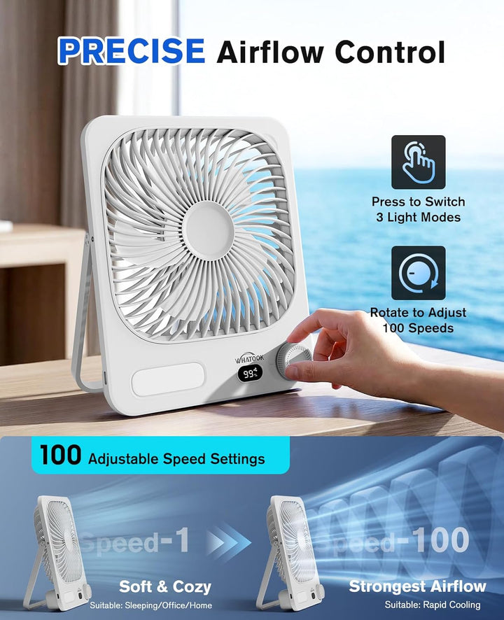 Akku Ventilator: 10000mAh 40H Tischventilator Leise mit 100 Stufen, 15s Auto-Aus LED Display, Reinig