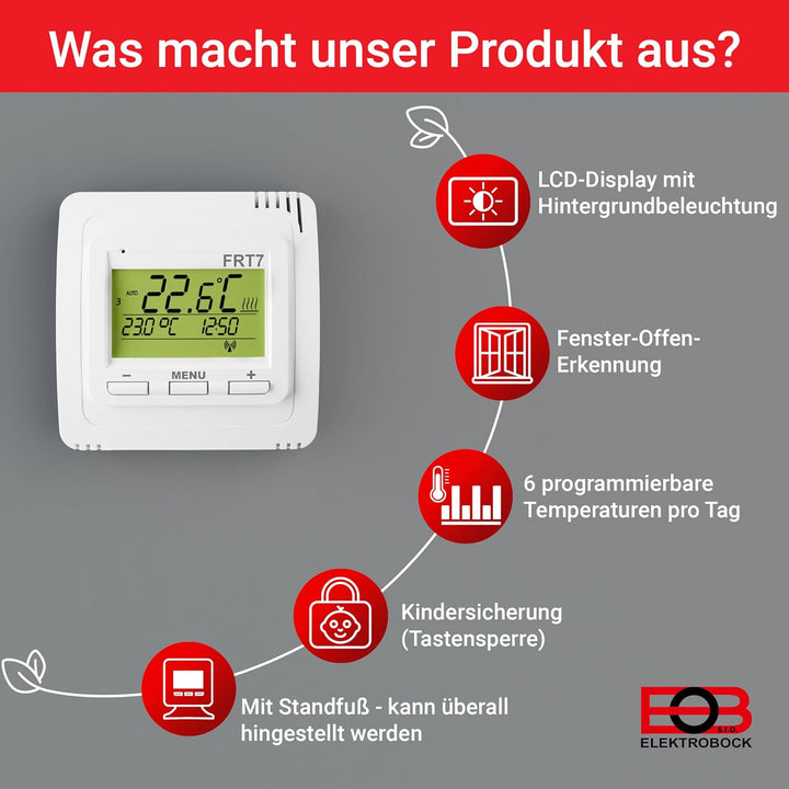 ELEKTROBOCK FRT7B3 Funk-Raumthermostat mit Standfuss | Überall hinstellen | mit Empfänger | 𝑳𝓐𝑵𝐆𝑳𝜠𝓑𝑰
