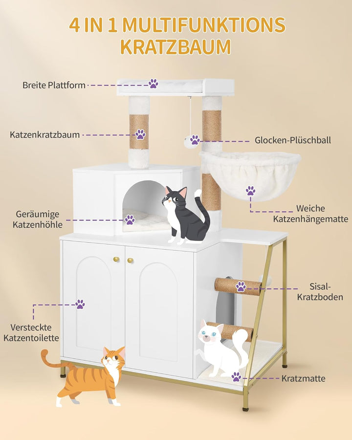 Hzuaneri Kratzbaum mit Katzenklo-Schrank, Katzenschrank, 4-in-1 Modernes Katzenhaus mit Grosser Plat