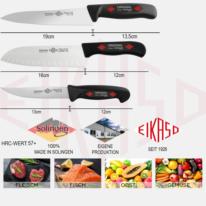 EIKASO Solingen Küchenmesser Set Haushaltsmesser Set 3 Teilig aus Molybdänstahl 1.4116 mit ergonomis