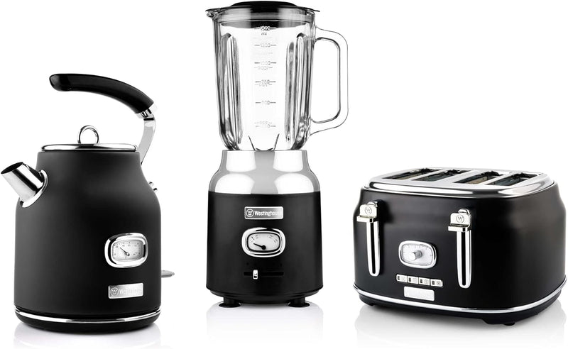 Westinghouse Retroline Frühstück-Set Schwarz, Toaster, Standmixer & Wasserkocher, 1.7 Liter, Kalkfil