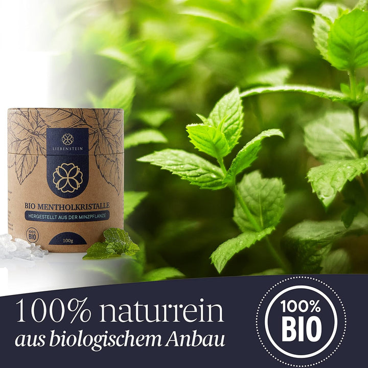 BIO Mentholkristalle Sauna Liebenstein® [100g] – nachhaltige Verpackung und Dosierlöffel aus Holz –