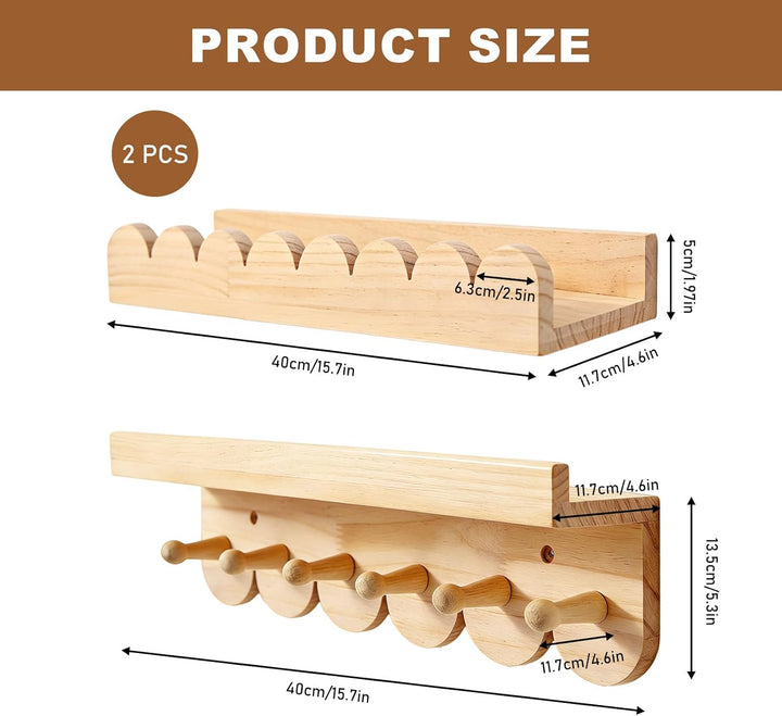 GBKDQQ 3er Bücherregal Kinder Wand Set, 40cm Wandregal Kinderzimmer mit Holzhaken, Holz Wandregal Bü