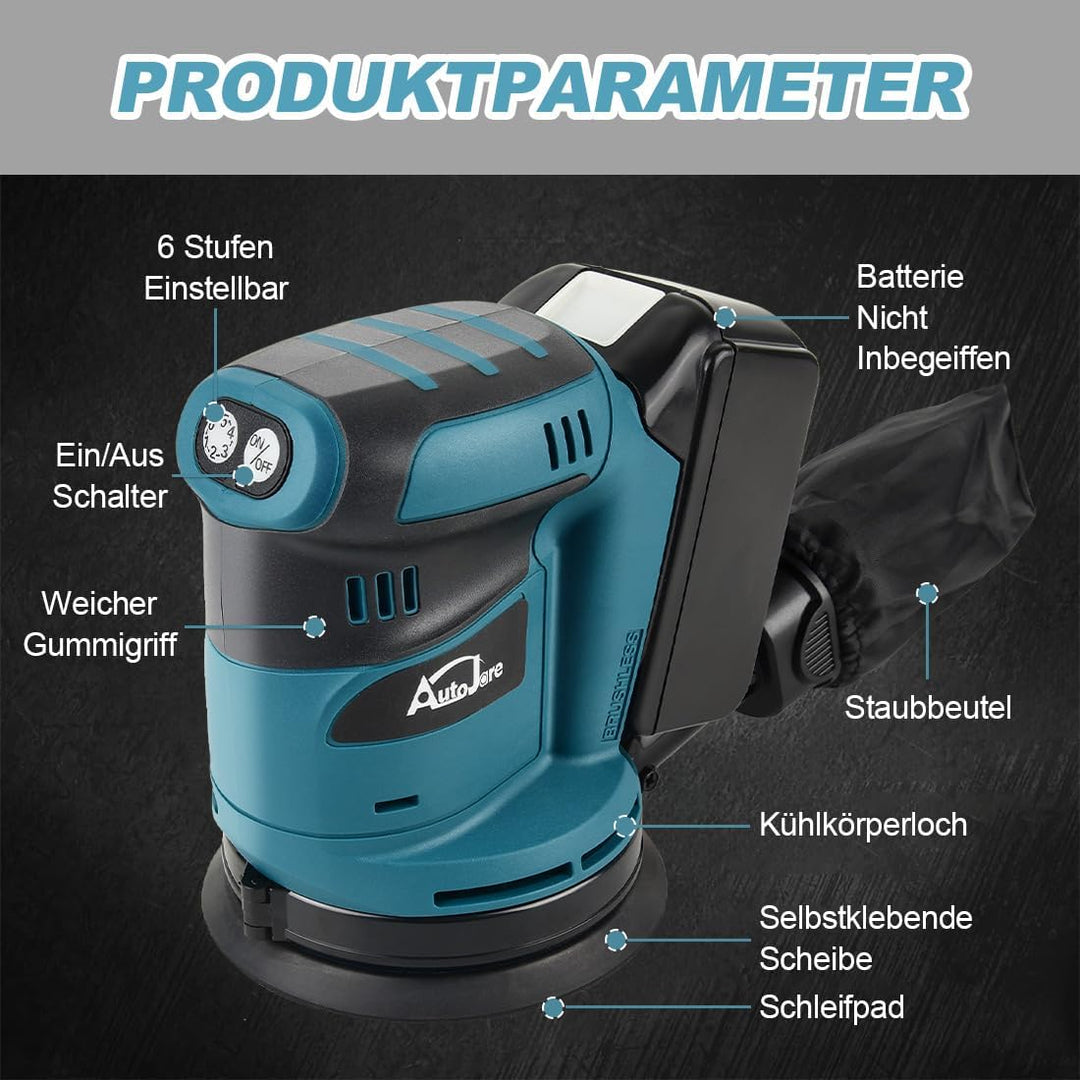 Bürstenloser Exzenterschleifer Kompatibel mit Makita 18V Batterie 6 Leistungsstufe Exenterschleifmas