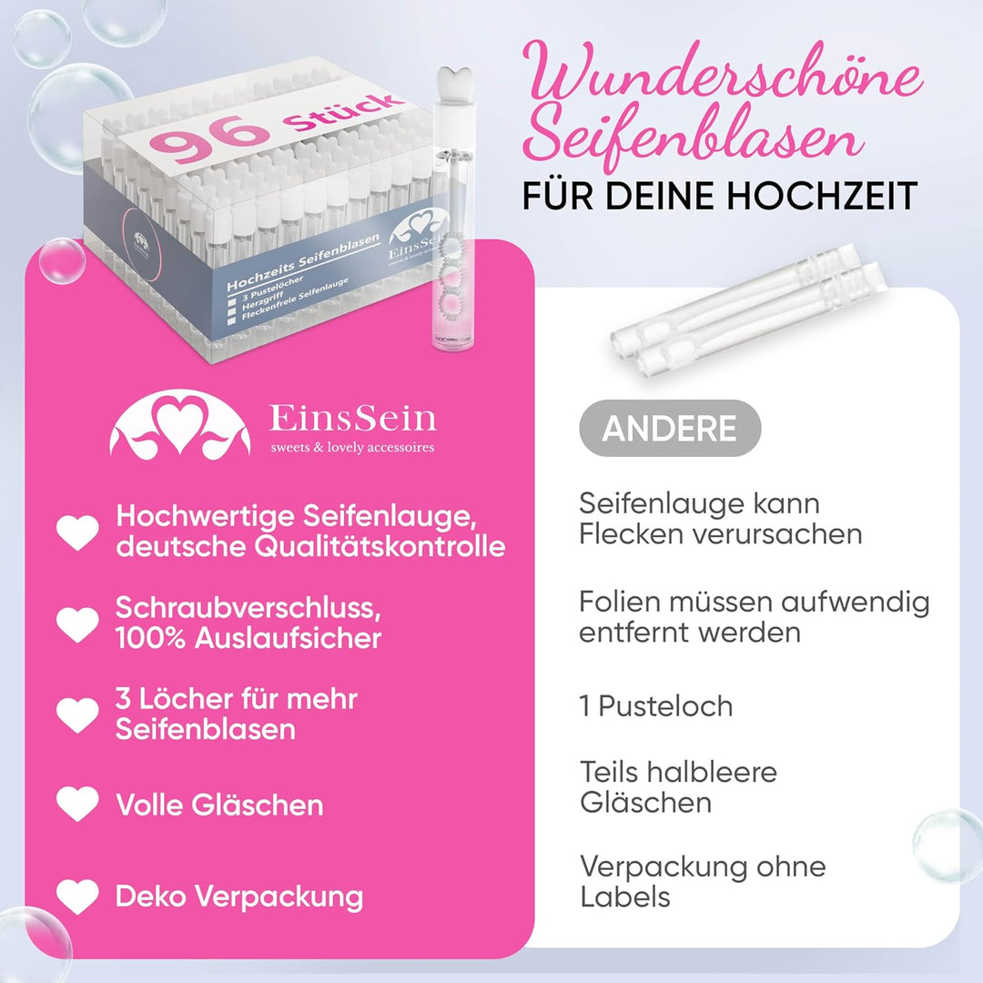 Seifenblasen Hochzeit Lovegläschen 96 Stück weiss | 3 Pustelöcher mit Herzgriff | Mini Wedding Bubbl