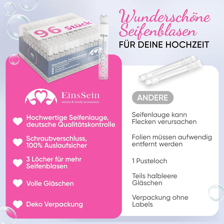 Seifenblasen Hochzeit Lovegläschen 96 Stück weiss | 3 Pustelöcher mit Herzgriff | Mini Wedding Bubbl
