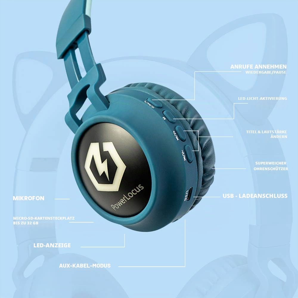 PowerLocus Kinderkopfhörer Bluetooth, Kinder Kopfhörer Over-Ear mit 85db Lautstärkebegrenzung LED-li
