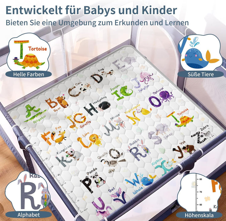 Krabbelmatte Baby 127x127cm, Verdickte Spielmatte Baby Faltbar mit 26 Buchstaben, Tierdrucke und Höh