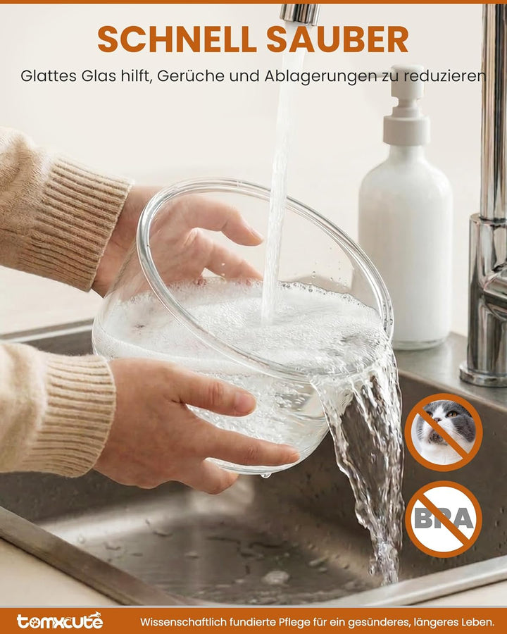 Tomxcute Katzenbrunnen Glas 2,5L – Trinkbrunnen Katze leise, für 1–2 Katzen, Stufen-Design, warmes L