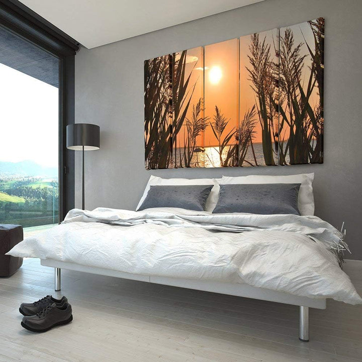 Feeby Frames, Leinwandbild Bilder Wand Bild - 5 Teile - Wandbilder Kunstdruck (SONNENUNTERGANG, GOLD