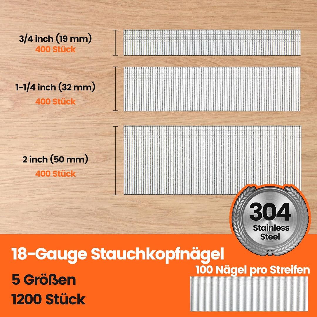 meite Edelstahl Stauchkopfnägel 18GA, 1.200 Stück Sortiment in 3 Grössen (19mm, 32mm, 50mm), Edelsta