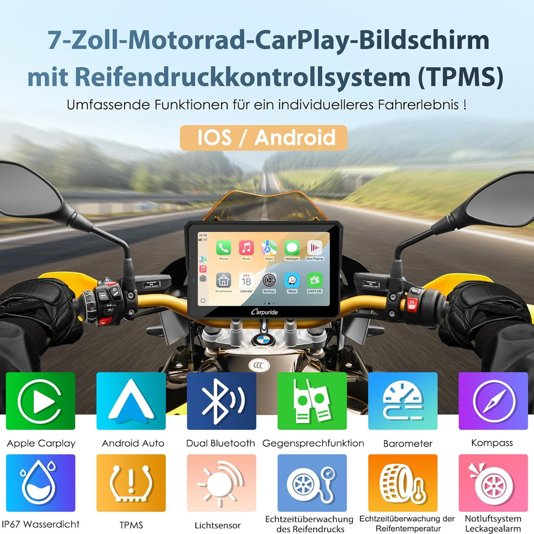 Carpuride W702T Pro Motorrad Carplay Bildschirm mit TPMS System, Kabellos CarPlay & Android Auto, Tr