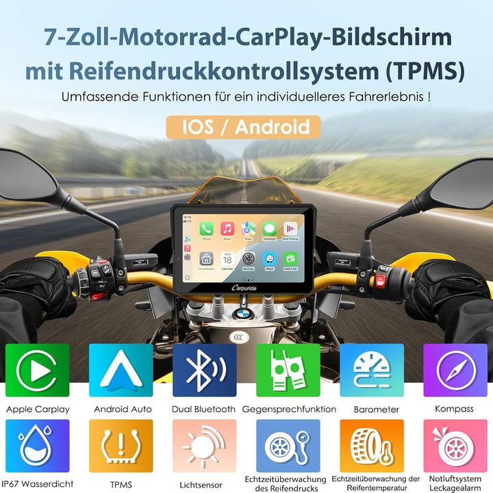 Carpuride W702T Pro Motorrad Carplay Bildschirm mit TPMS System, Kabellos CarPlay & Android Auto, Tr