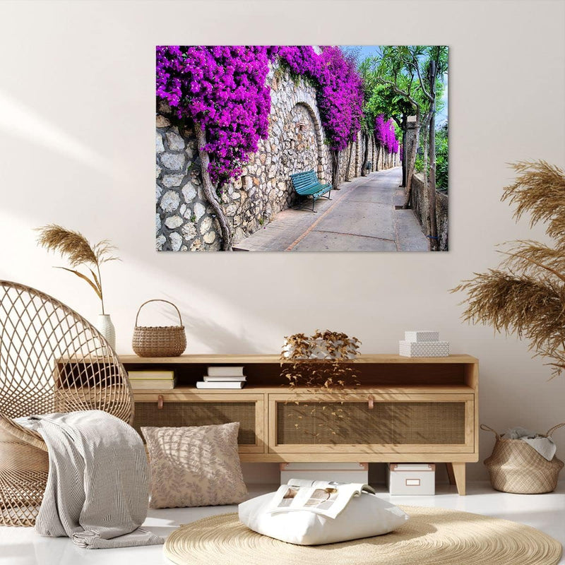 Bilder auf Leinwand 100x70cm Leinwandbild Pflanzen Bank Strasse Sommer Gross Wanddeko Bild Schlafzim