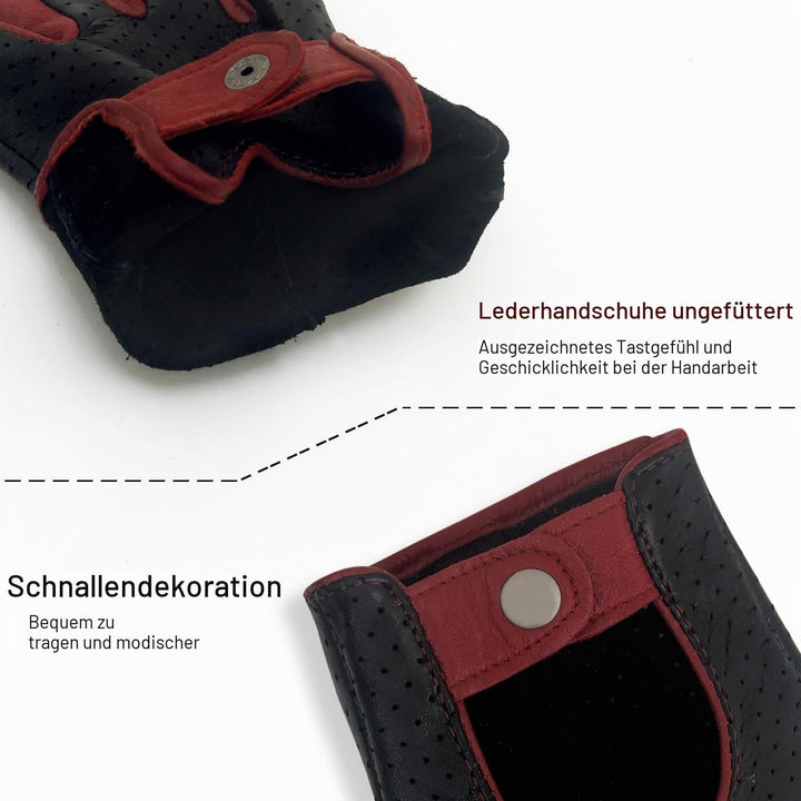ZLUXURQ Herren-Lederhandschuhe Vollmaschige Fingerlose Halbfinger-Fahrhandschuhe Large-9.5" Schwarz