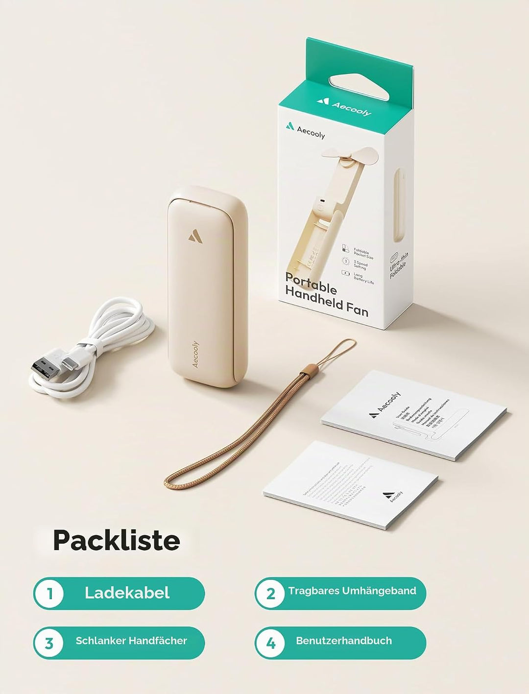 Aecooly Schlank Handventilator, Dünner Mini Ventilator, kleiner USB-Akku-Ventilator [Bis zu 24 Stund