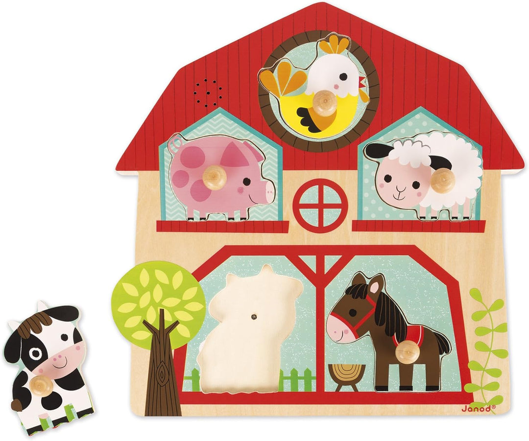 Janod J07079 - Musikpuzzle Bauernhof-Freunde 5 Teile, Bauernhof-Freunde